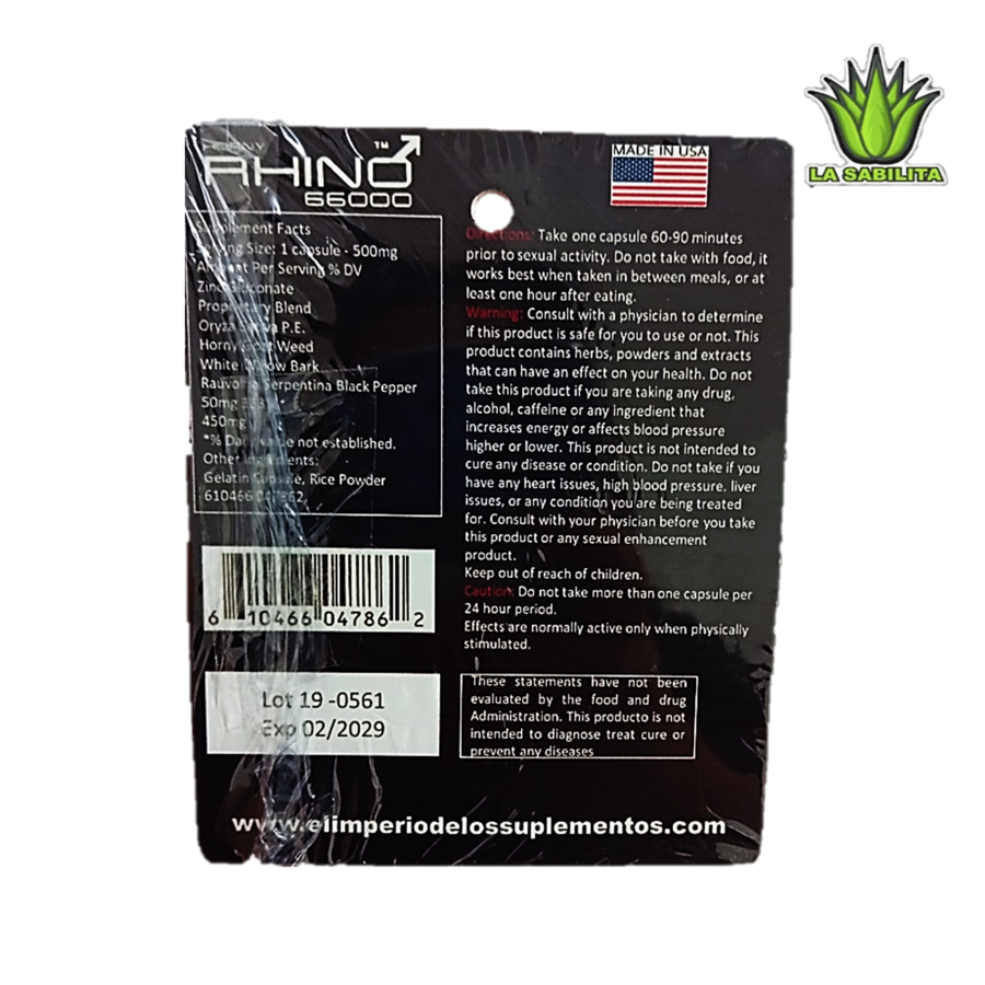 Rhino 66000 1 cápsula Vigorizante Masculino Sexual Energizante + 7 días Rhino 66000 1 cápsula Vigorizante Masculino Sexual Energizante + 7 días
